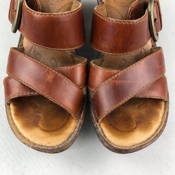 Born Women's 7 Tinari Brown Leather Open Toe Buckle Slip On High Heel Sandals - Picture 5 of 16